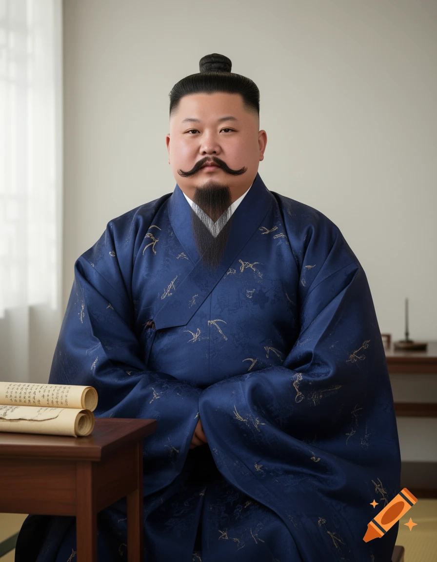 A man with a topknot, mustache, and goatee wears a dark blue traditional robe, sitting at a table with scrolls in a bright room.