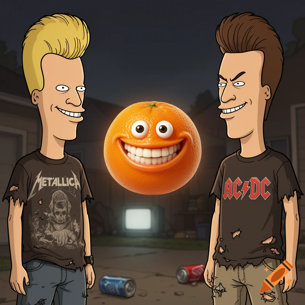 Beavis and Butthead in cartoon style stand smiling on either side of a 3D Annoying Orange character at night.