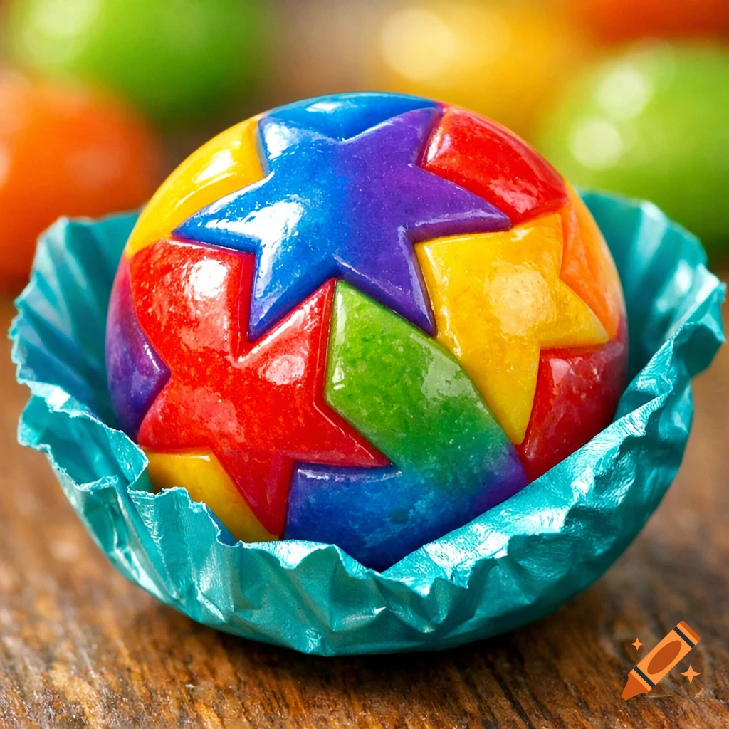 A vibrant, star-patterned candy in blue, red, yellow, orange, purple, and green, sits in a turquoise wrapper on wood.