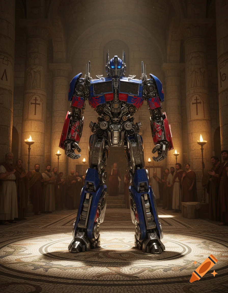 Photorealistic Optimus Prime stands majestically in a candlelit ancient stone church, surrounded by robed figures.