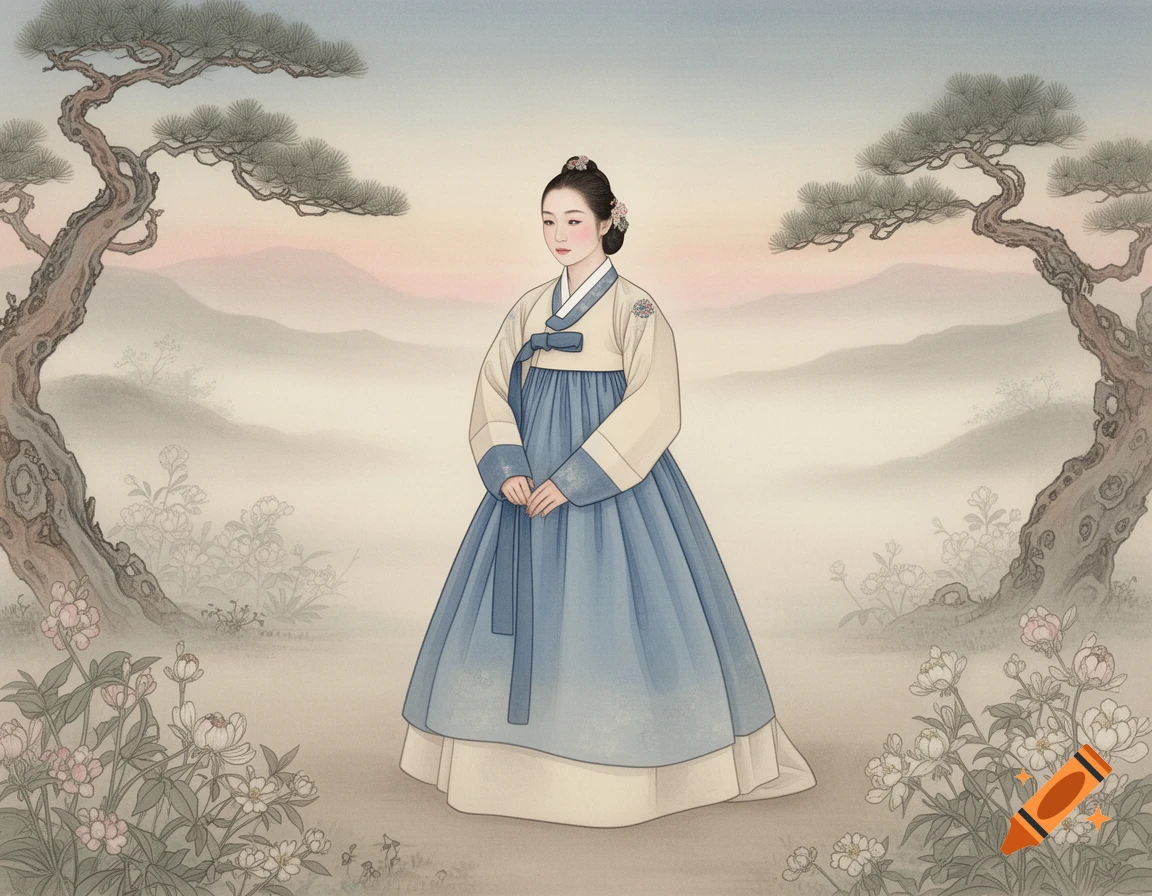 A woman in a blue and cream Hanbok stands in a misty landscape with pine trees and flowers, in a traditional Asian painting style.