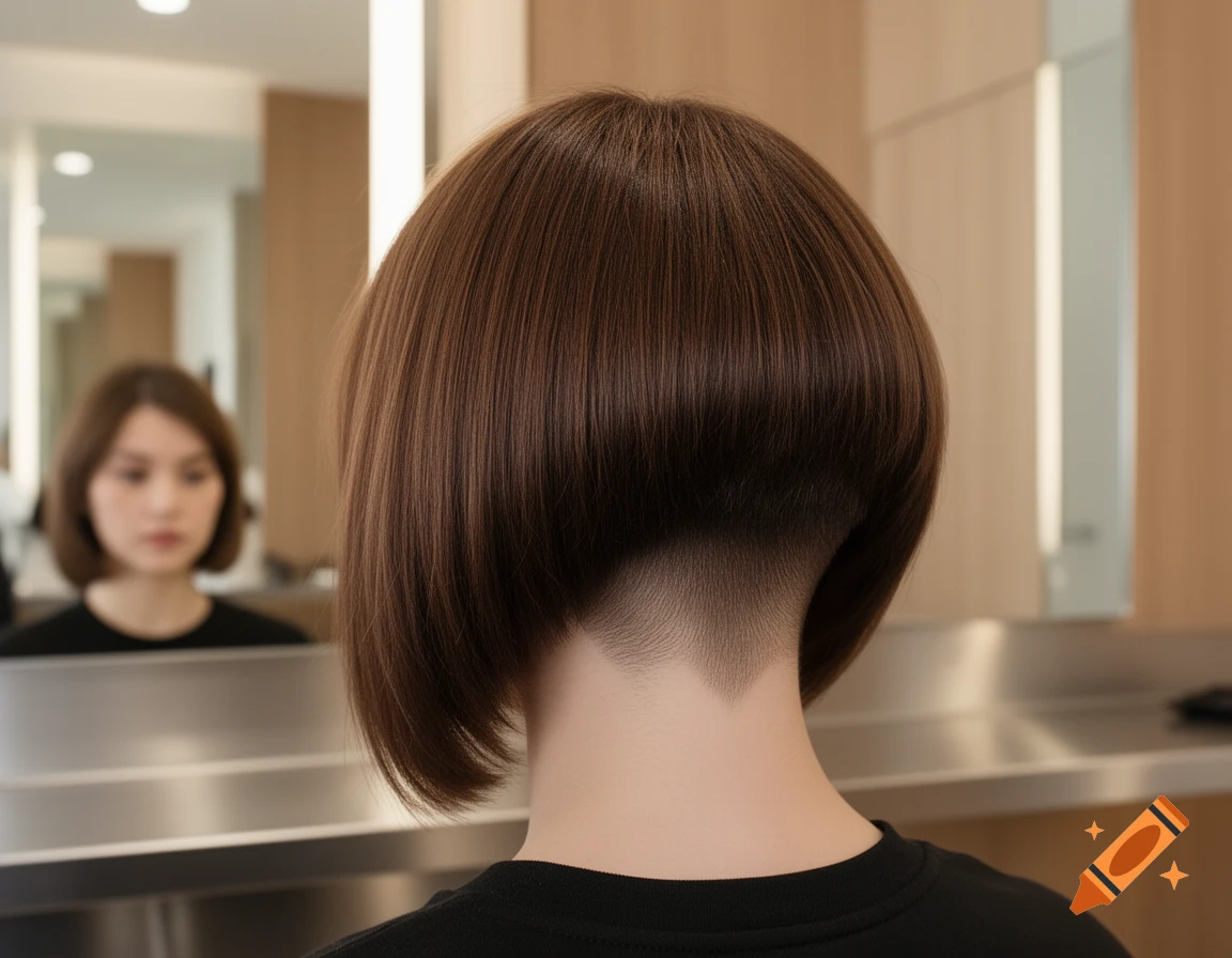 Back view of a woman with a brown short bob haircut and a buzzed nape, reflecting in a salon mirror.