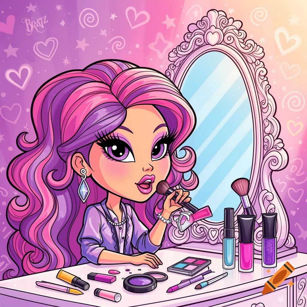 Cartoon Bratz-style girl with pink and purple hair applying makeup at a vanity table, coloring book style.