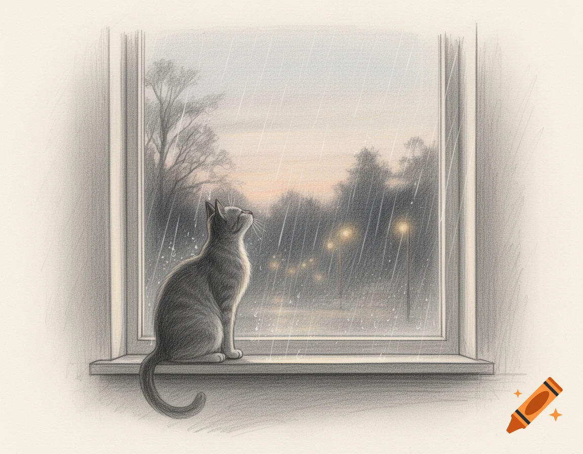 A gray cat sits on a window sill, looking up at the rain outside during dusk, in a pencil drawing style.