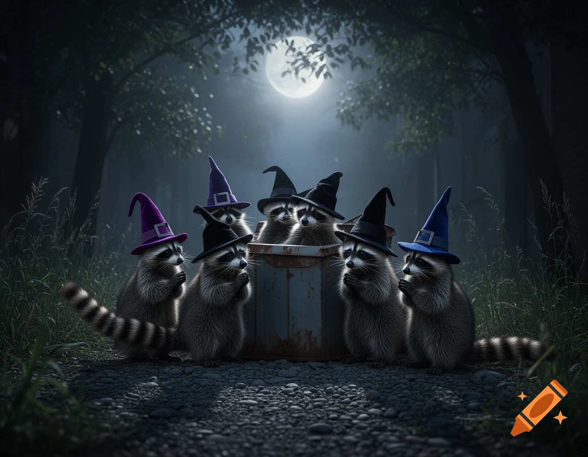 Six raccoons in witch hats gather around a dumpster in a dark forest under a full moon.