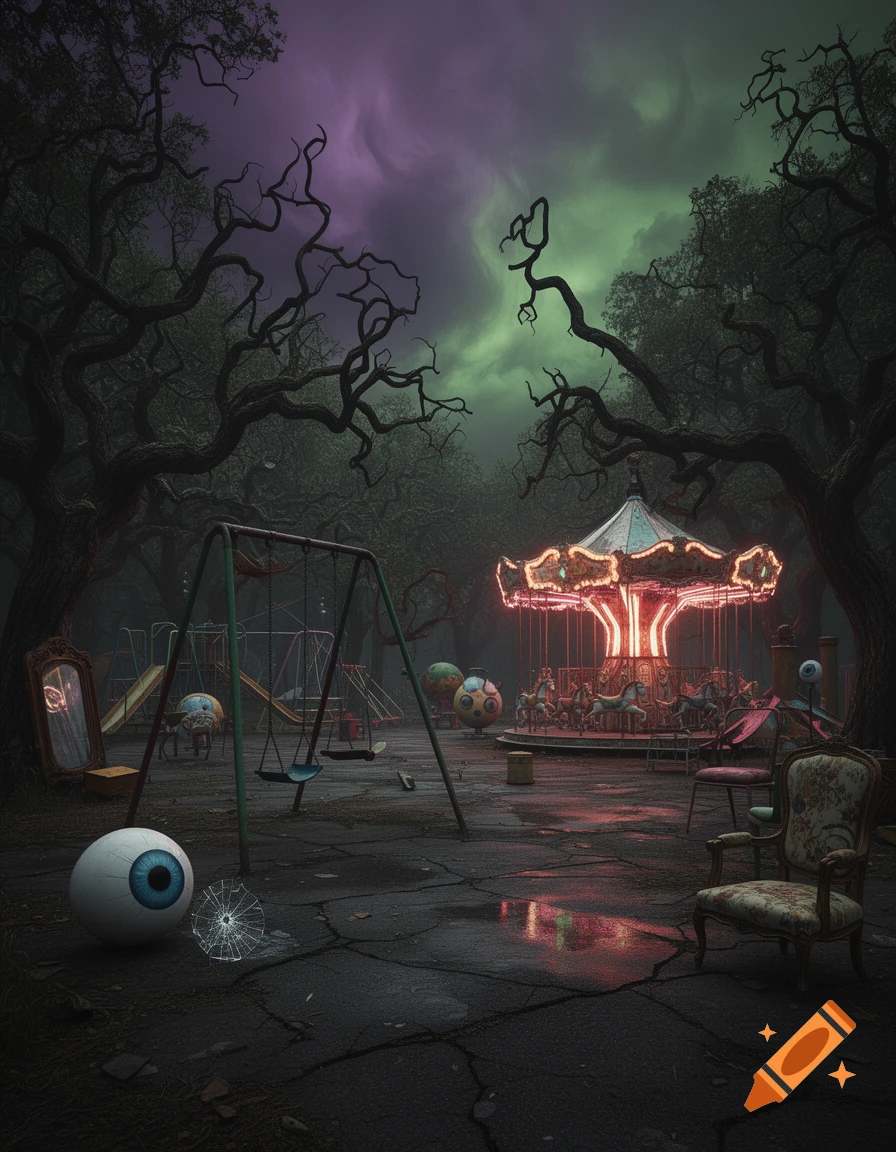 Weirdcore abandoned playground at dusk with a glowing carousel, swings, a giant eyeball, and a colorful sky.