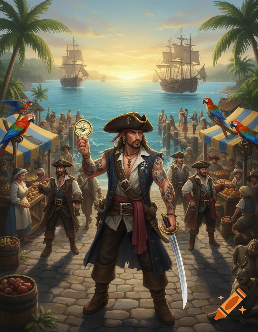 A tattooed pirate captain holds a compass and sword in a bustling tropical port with market stalls and ships at sunset, digital painting.