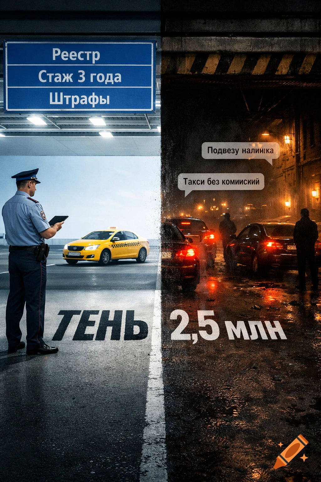 Split image showing a bright, legal taxi operation with a policeman, contrasted with a dark, illegal one with chat bubbles.
