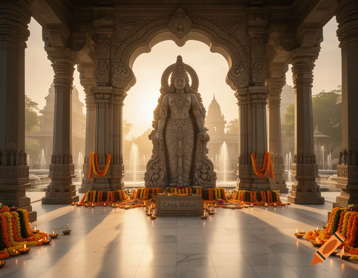 A photorealistic image of a stone deity statue under a grand archway in a temple, surrounded by lit oil lamps and flower garlands.