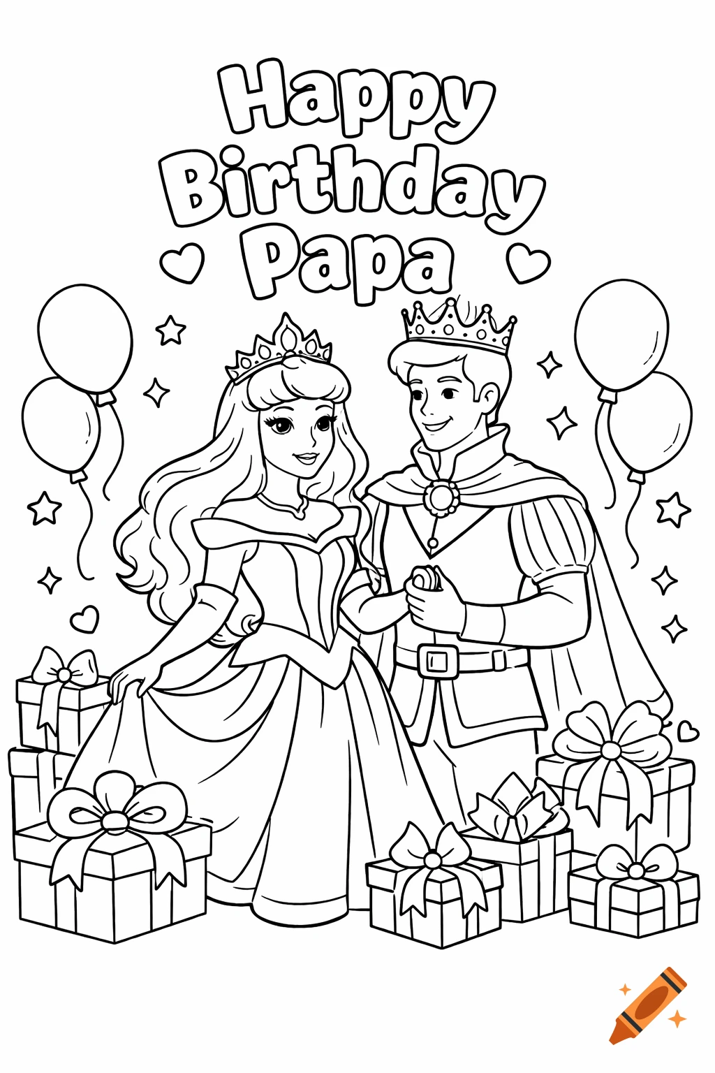 Coloring page of a princess and prince with gifts and balloons, with 'Happy Birthday Papa' text.
