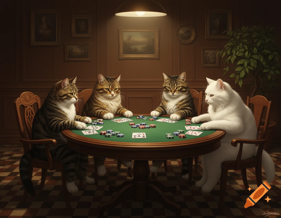Four cats playing poker around a green table in a dimly lit, wood-paneled room decorated with paintings and a plant.
