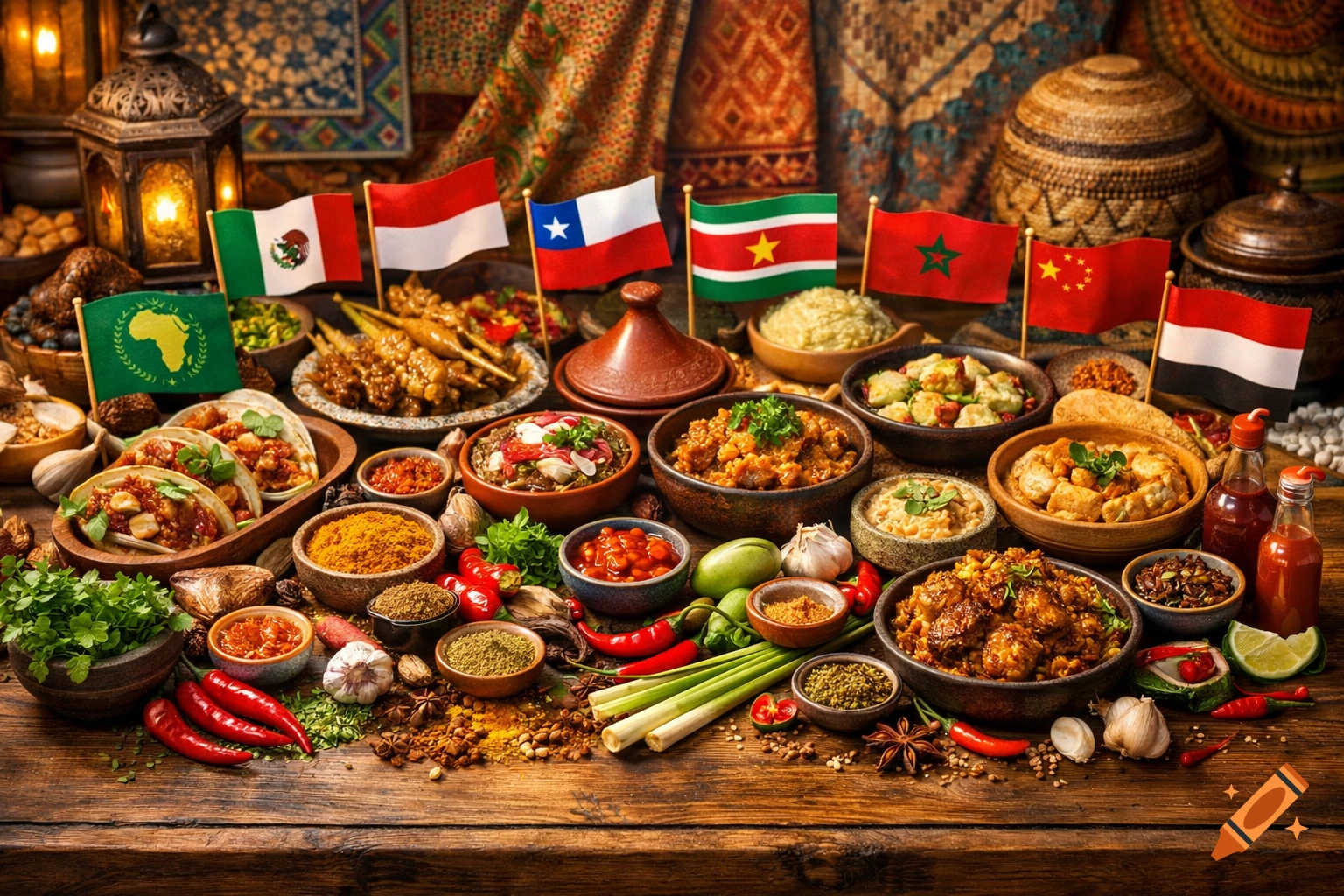 A rustic wooden table heavily laden with a variety of colorful dishes and spices. Small flags of different countries stand among the food, including Mexico, Chile, Suriname, Morocco, China, and the African Union. In the background are decorative textiles and a lantern, creating a warm, inviting atmosphere. Photorealistic style.