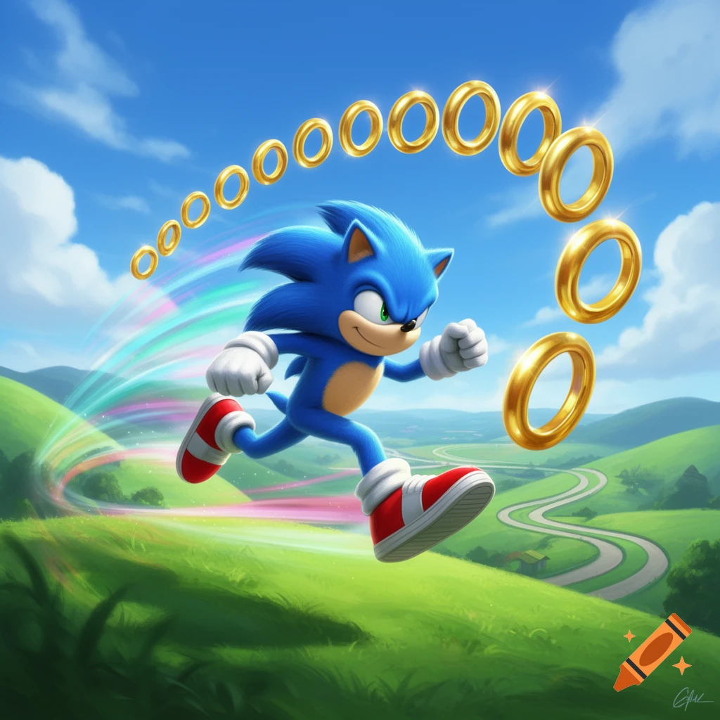 Vibrant illustration of Sonic the Hedgehog running at super speed across rolling green hills under a blue sky, collecting golden rings.