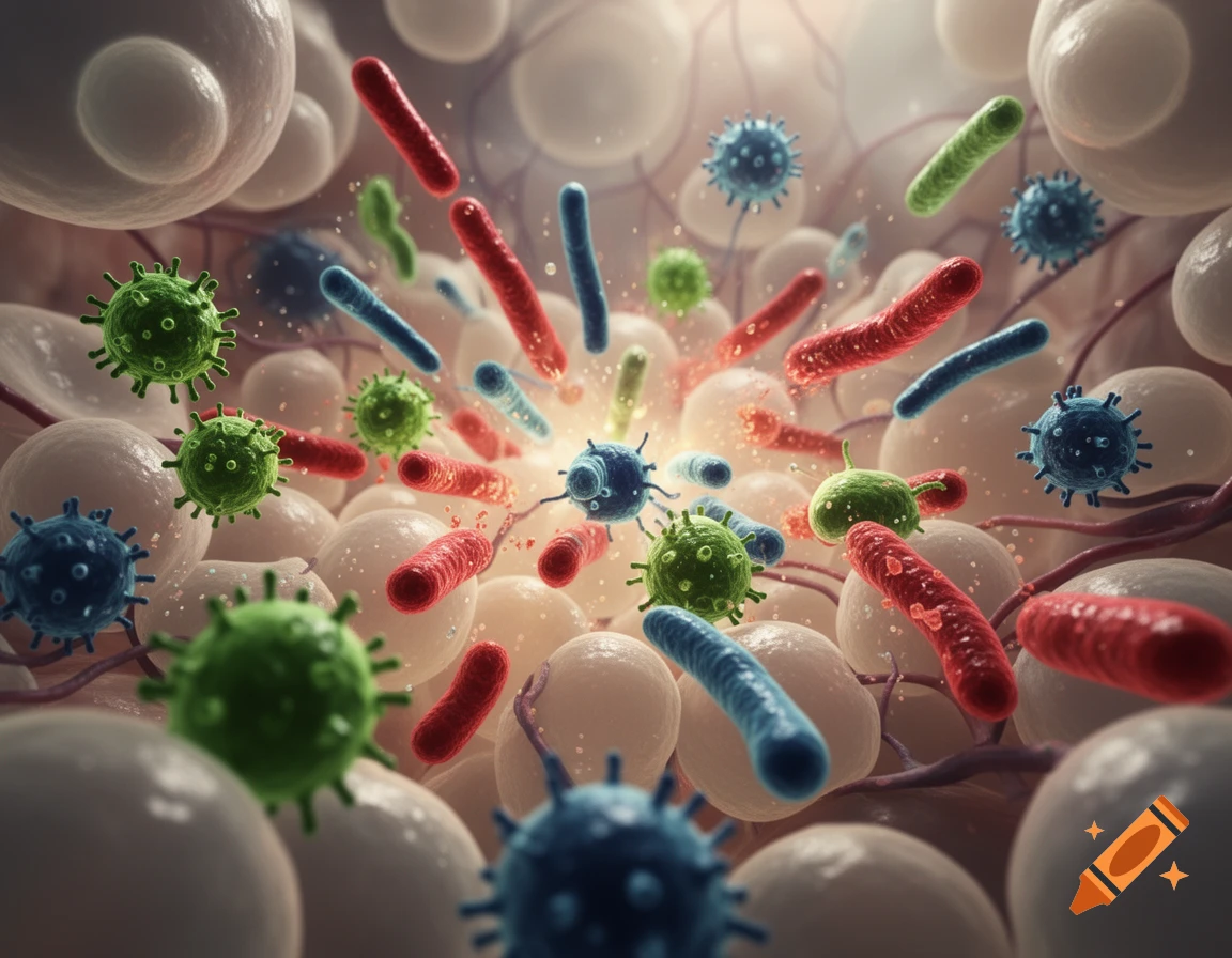 Microscopic view of colorful bacteria and spiky viruses amidst light-colored body cells, with a bright glow.