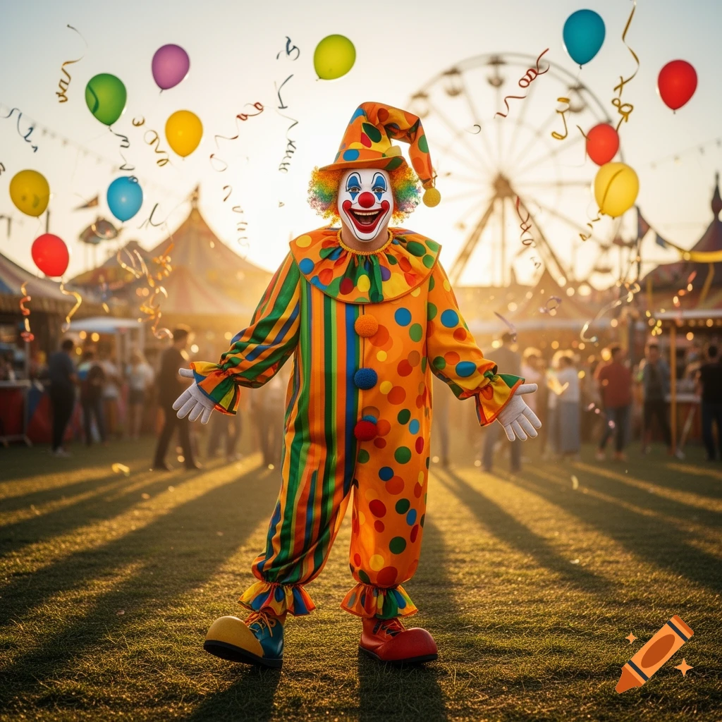 A cheerful clown in a colorful polka-dotted and striped suit stands with outstretched arms at a sunny outdoor carnival with balloons and a Ferris wheel.