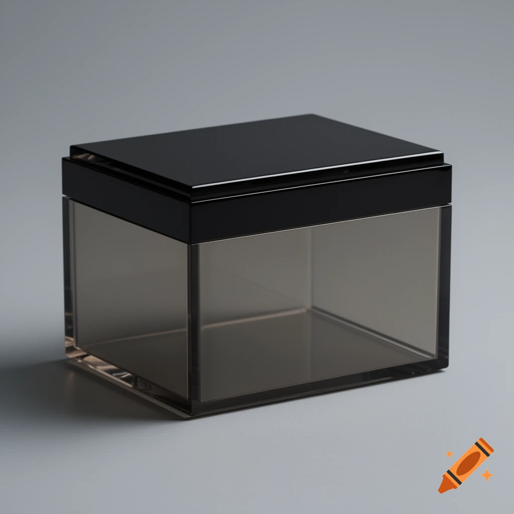 A premium smoked transparent acrylic collector box with a black lid, in a modern product photo style.
