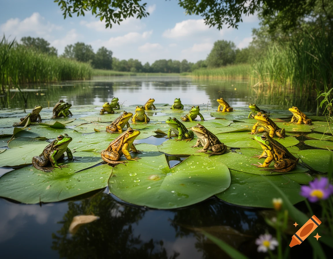 Many green and brown frogs sit on lily pads in a serene lake with reeds and trees under a blue sky, photorealistic.
