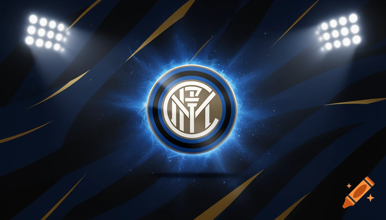 Inter Milan logo with a blue glow and stadium lights on a dark blue and gold striped background.