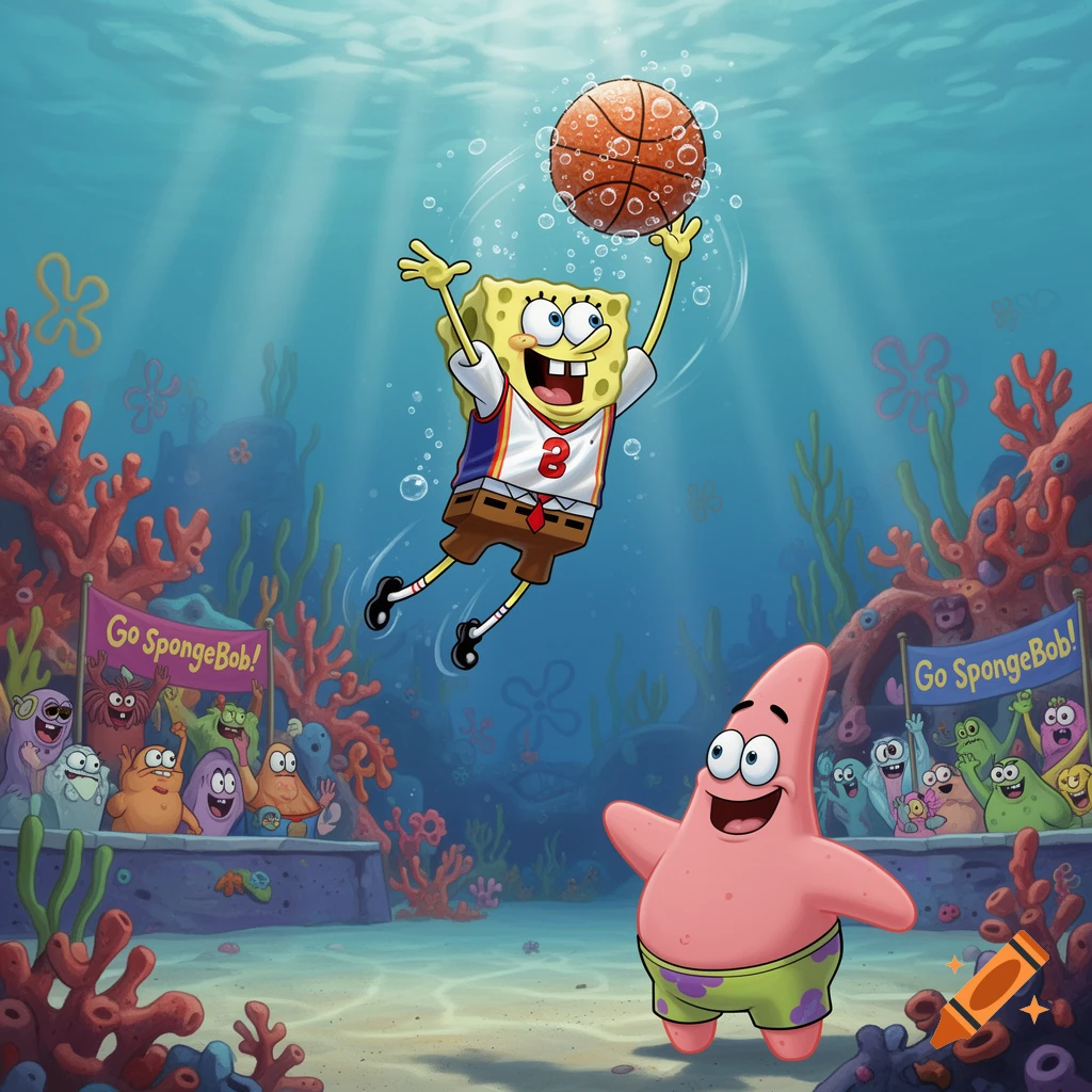 Spongebob Squarepants in a jersey jumps to dunk a basketball underwater, with Patrick Star and other sea creatures watching.