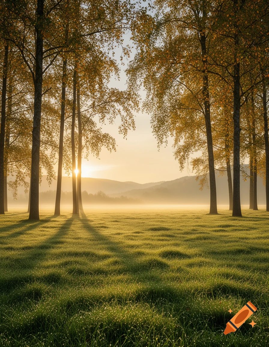 Morning mist rises from a dewy green field framed by tall trees under a golden sunrise.