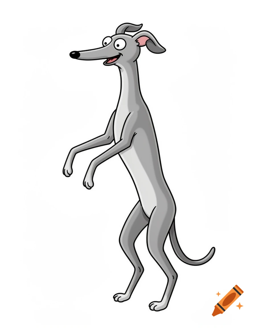 A cartoon greyhound, in the style of Matt Groening, standing on its hind legs.