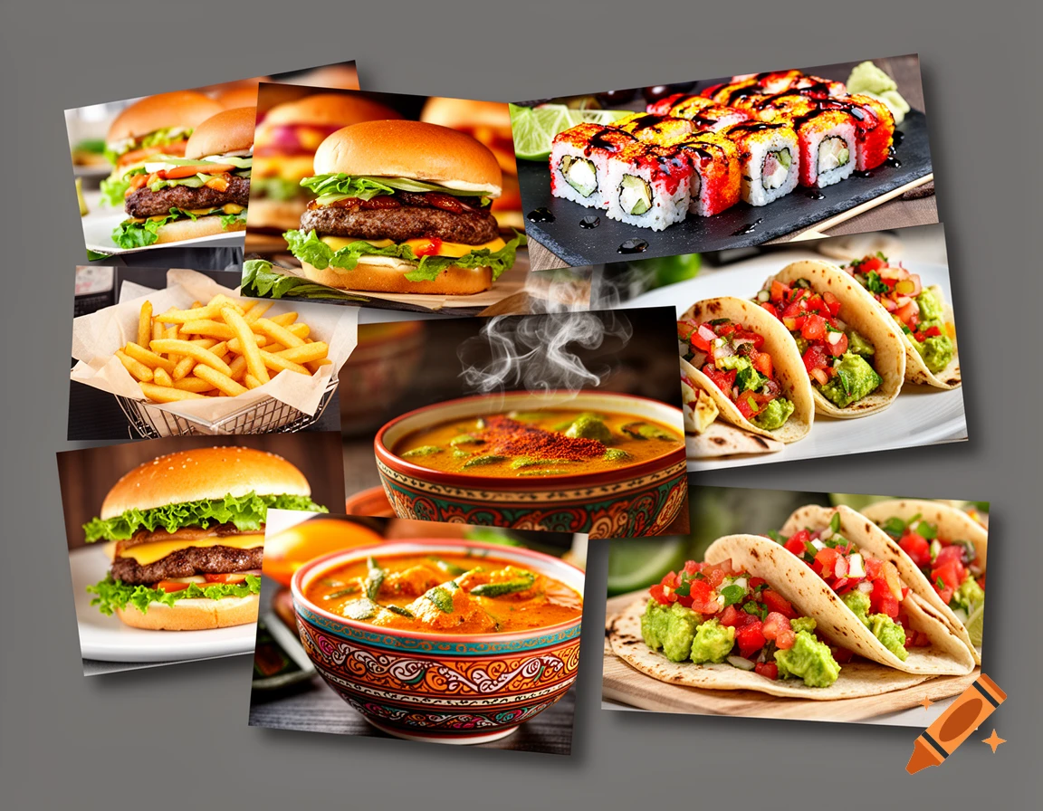 Collage of various takeaway foods including burgers, fries, sushi, tacos, and curry bowls, artfully overlapped.