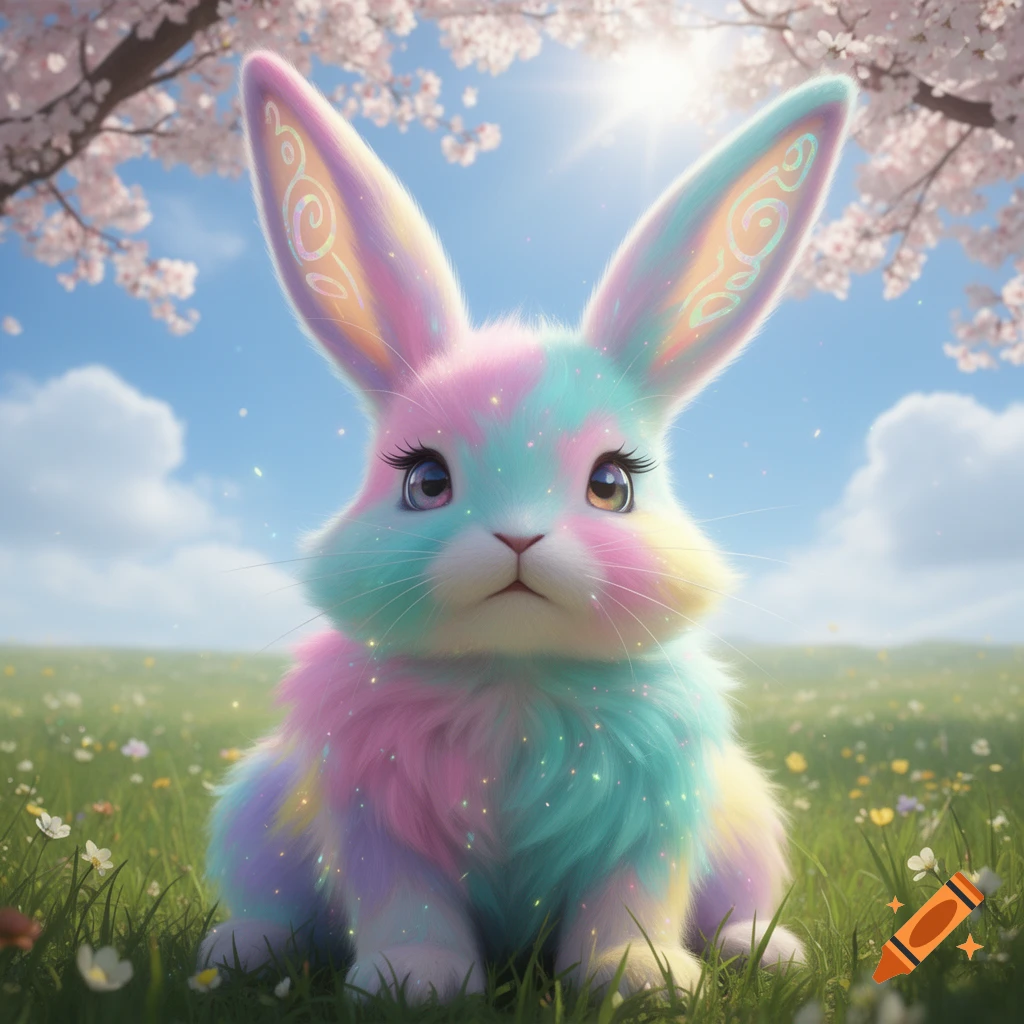 A vibrant, multicolored bunny with large, decorated ears and sparkling ...