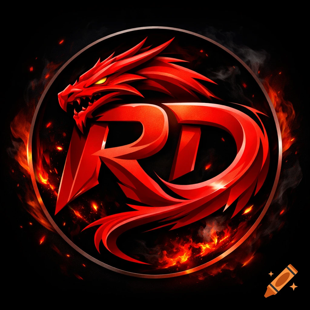 A stylized red dragon forms the letters RD, set within a circular esports logo with flames and smoke on a dark background.