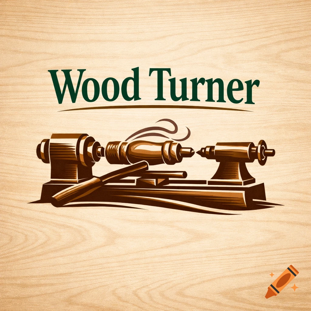Stylized logo for Wood Turner, featuring text and a wood lathe with a tool on a wood grain background.