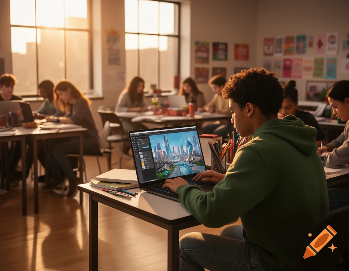 A male student in a classroom works on a laptop displaying a futuristic city, with other students in the background.