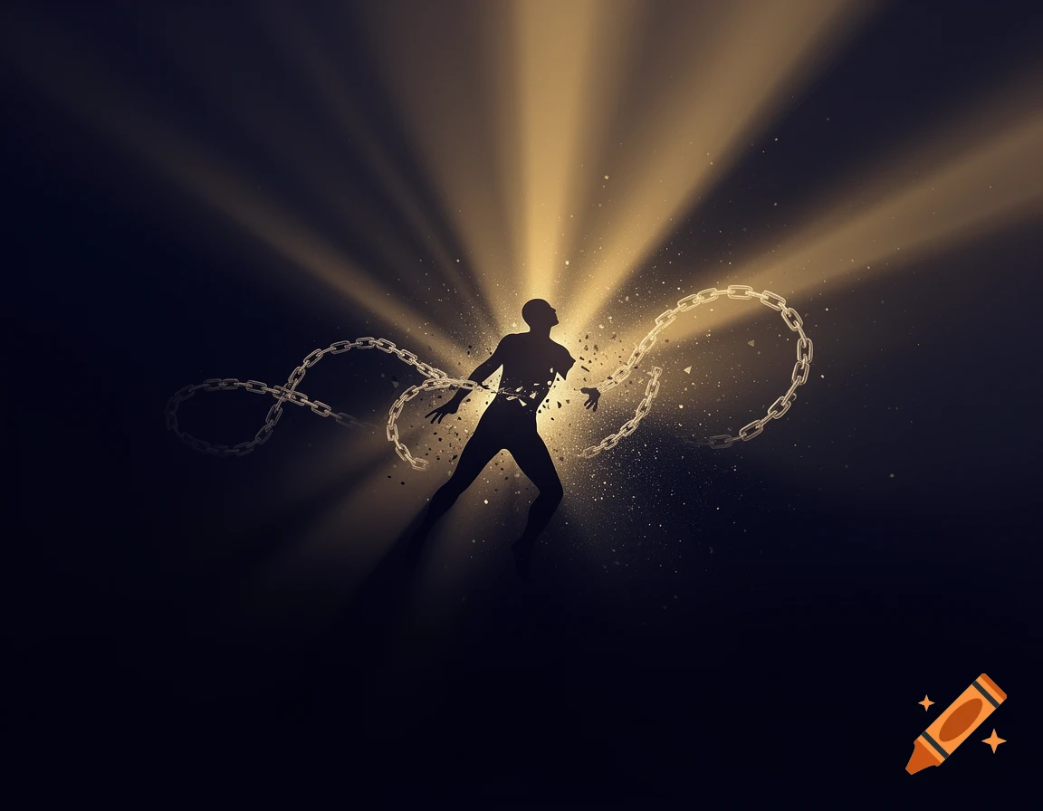 Abstract digital art of a human silhouette breaking free from chains, illuminated by golden light rays.