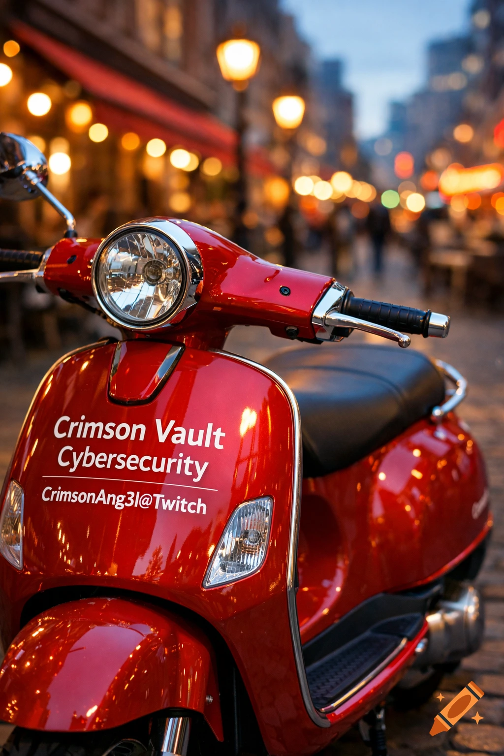 Red Vespa scooter with "Crimson Vault Cybersecurity" text, parked on a night city street with blurred lights, photorealistic.