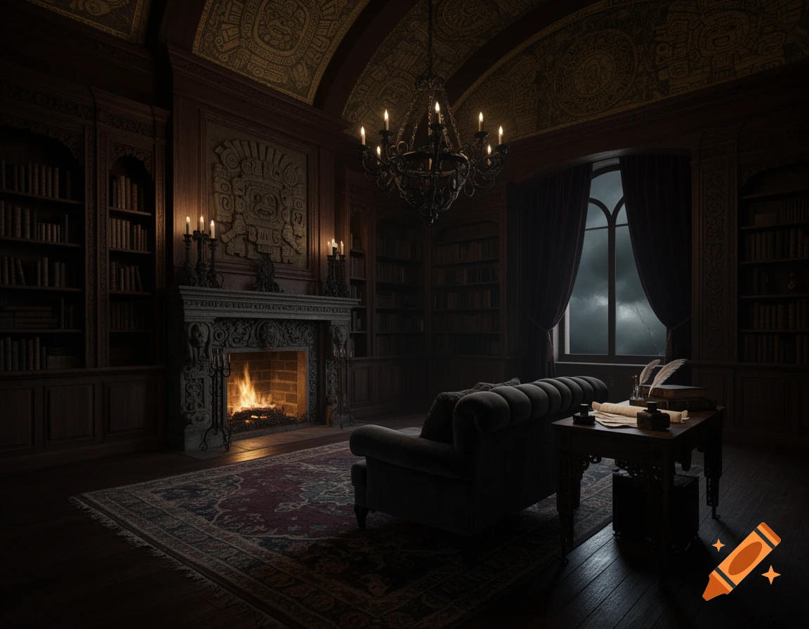 A dark academia gothic library with a lit fireplace, ornate mantel, armchair, and stormy window.