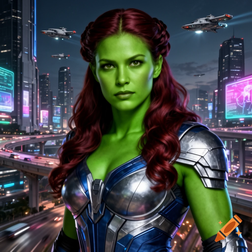 Green-skinned woman with red hair in blue and silver futuristic armor stands in a futuristic city with flying vehicles.