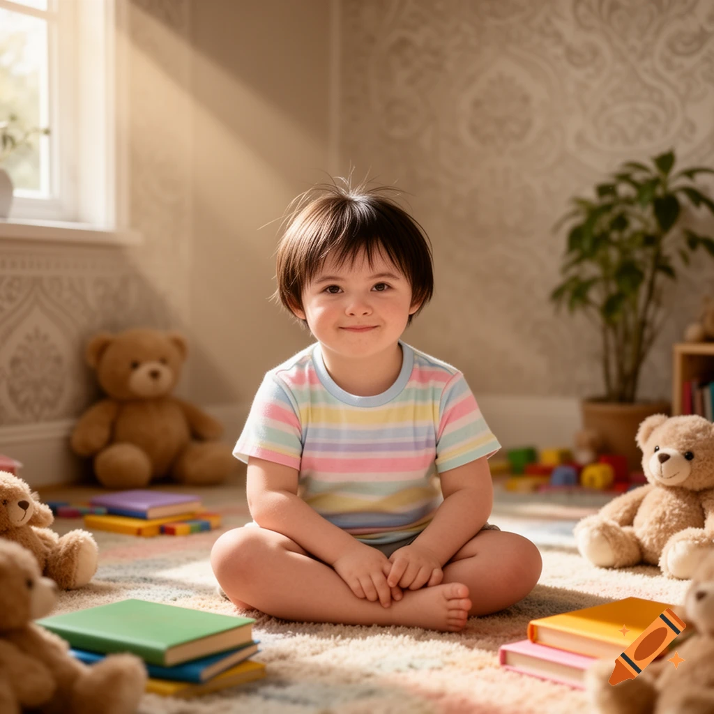 A smiling child with short dark hair sits cross-legged on a patterned rug, surrounded by teddy bears and books in a sunny room.