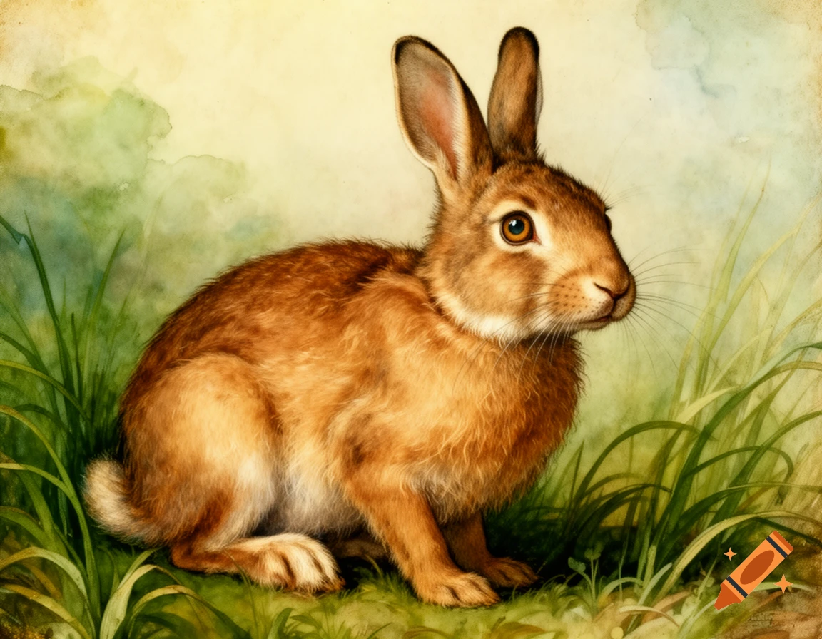 A watercolor painting of a brown rabbit with prominent ears, sitting in green grass against a light yellow background.