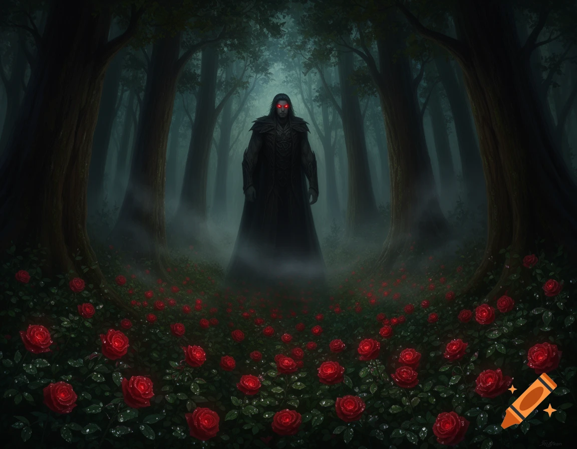 A dark cloaked figure with glowing red eyes stands in a misty ...
