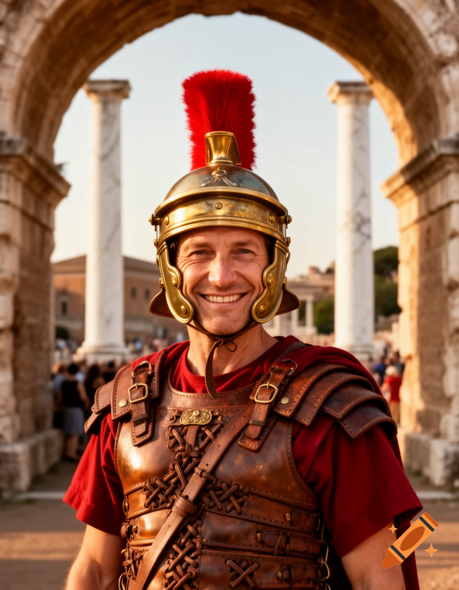A smiling man dressed as a Roman officer in a golden helmet with a red plume and leather armor stands in front of ancient stone ruins.