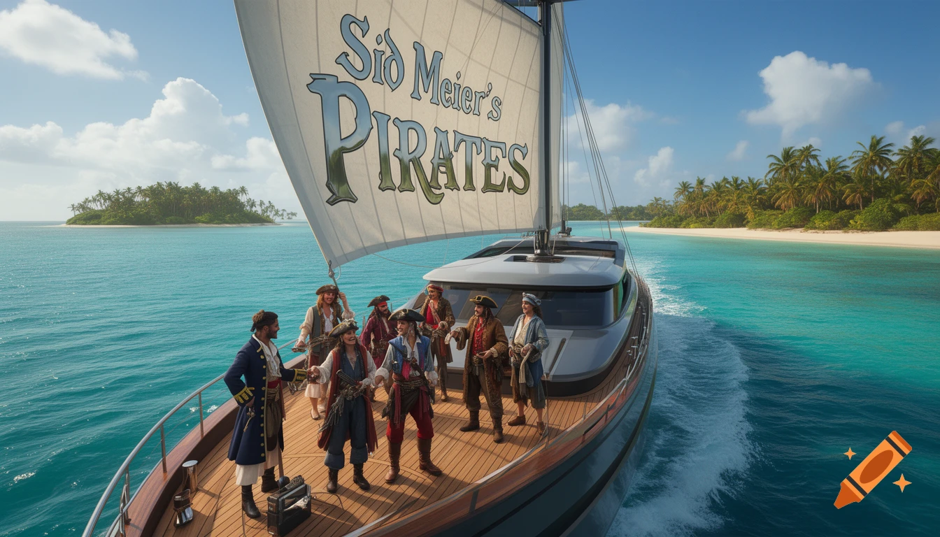 Pirates in period costumes stand on a modern yacht, with "Sid Meier's PIRATES" written on the sail, sailing near tropical islands.