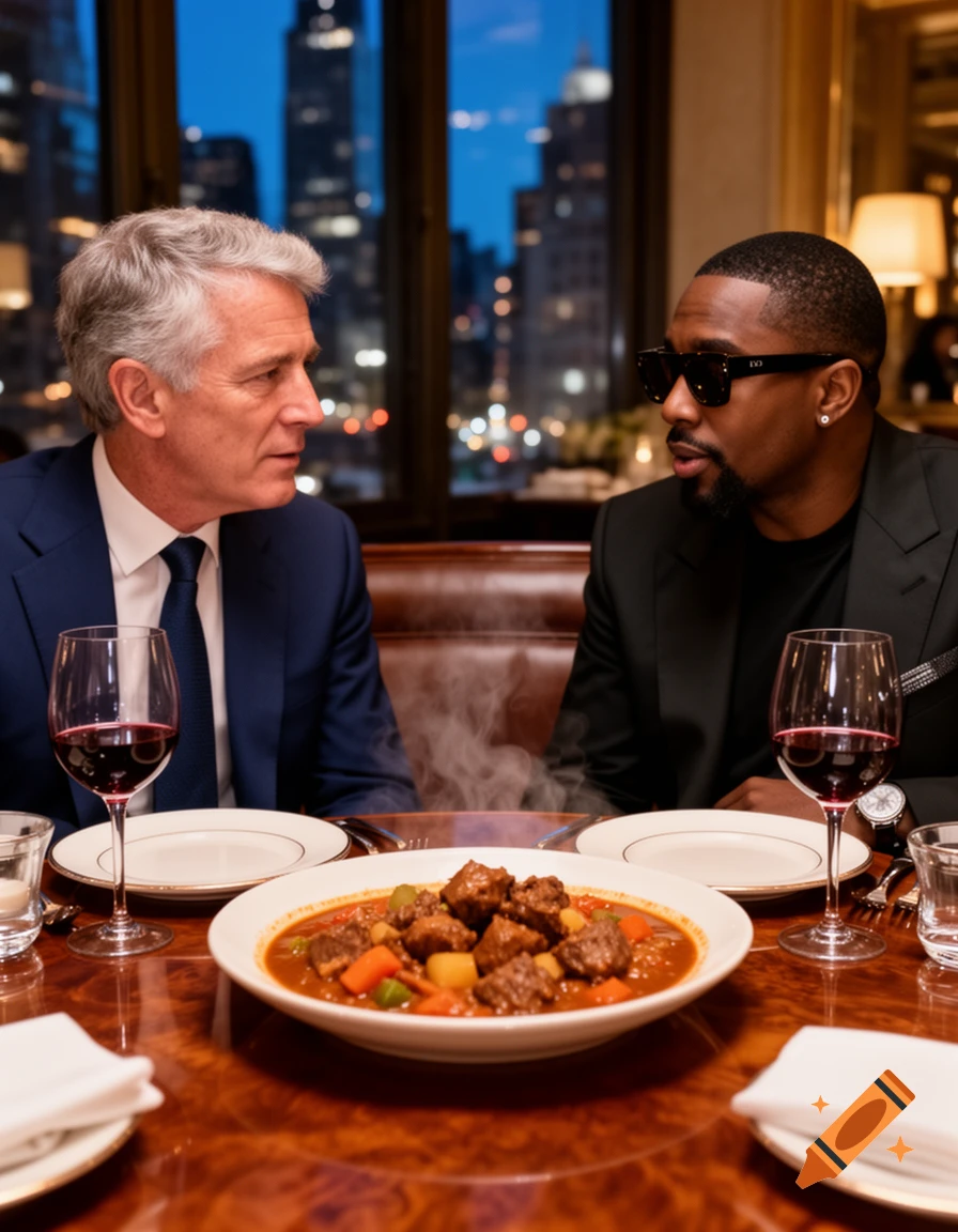 Jeffrey Epstein and Diddy having dinner with goulash in a fancy restaurant, photorealistic.