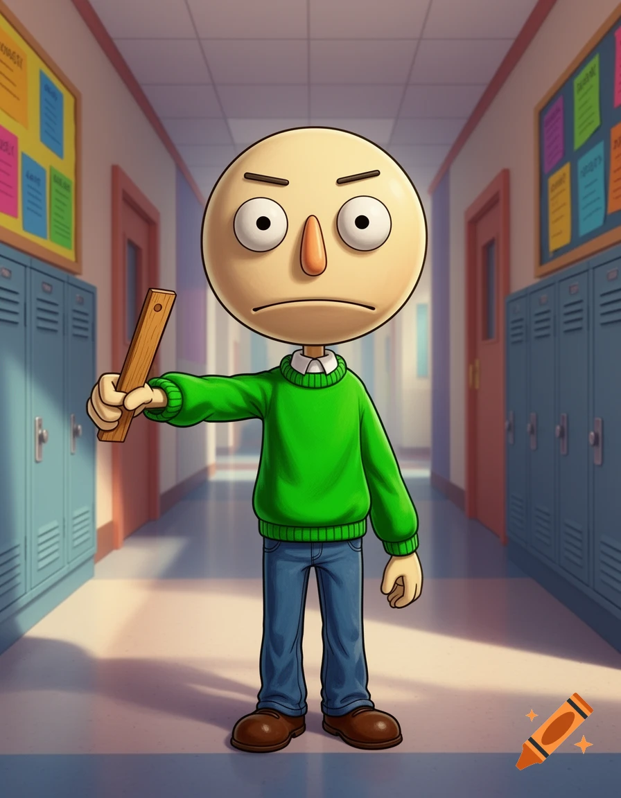 Cartoon character Baldi from Baldi's Basics holding a ruler in a school ...
