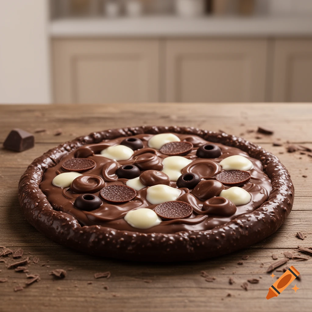 A chocolate pizza topped with dark and white chocolate pieces, on a wooden table with chocolate shavings.