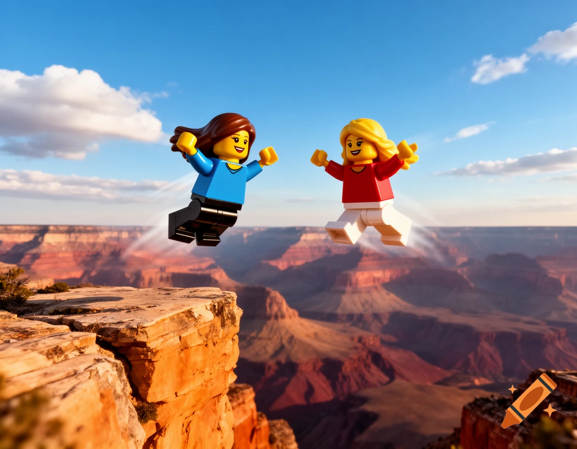 Two Lego women, one with brown hair and one with blonde, jump from a cliff over the Grand Canyon.