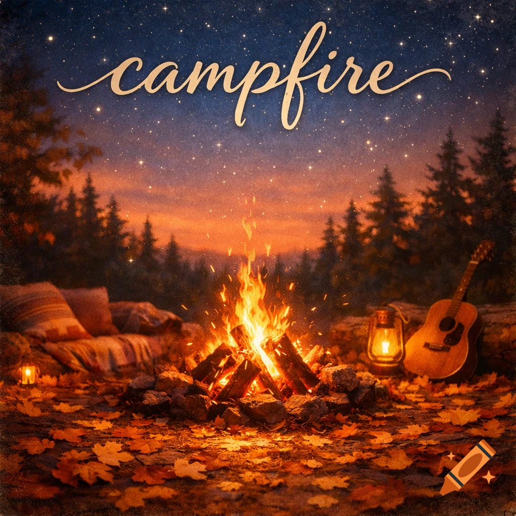 A cozy campfire at night in a forest, surrounded by autumn leaves, a couch, lantern, and guitar, with 'campfire' written in the starry sky.