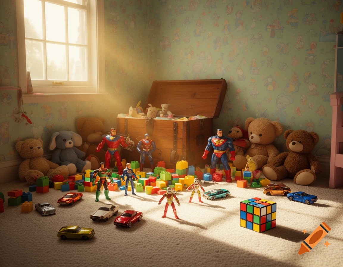 Sunlight fills a child's bedroom, illuminating a carpeted floor covered with 80s toys like superhero figures, cars, blocks, a Rubik's cube, and teddy bears.