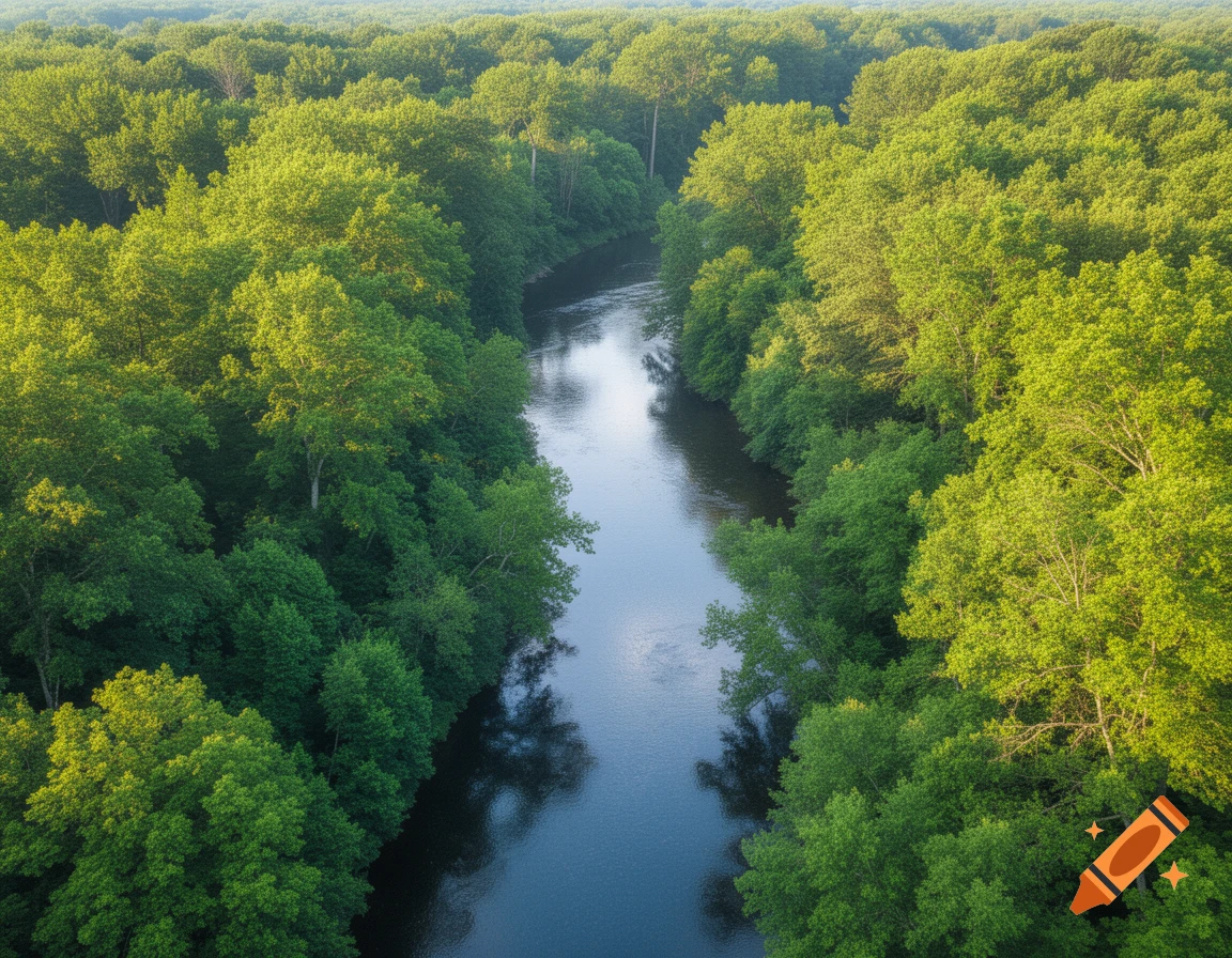 Aerial view of a winding river flowing through a dense, lush green forest, photorealistic.