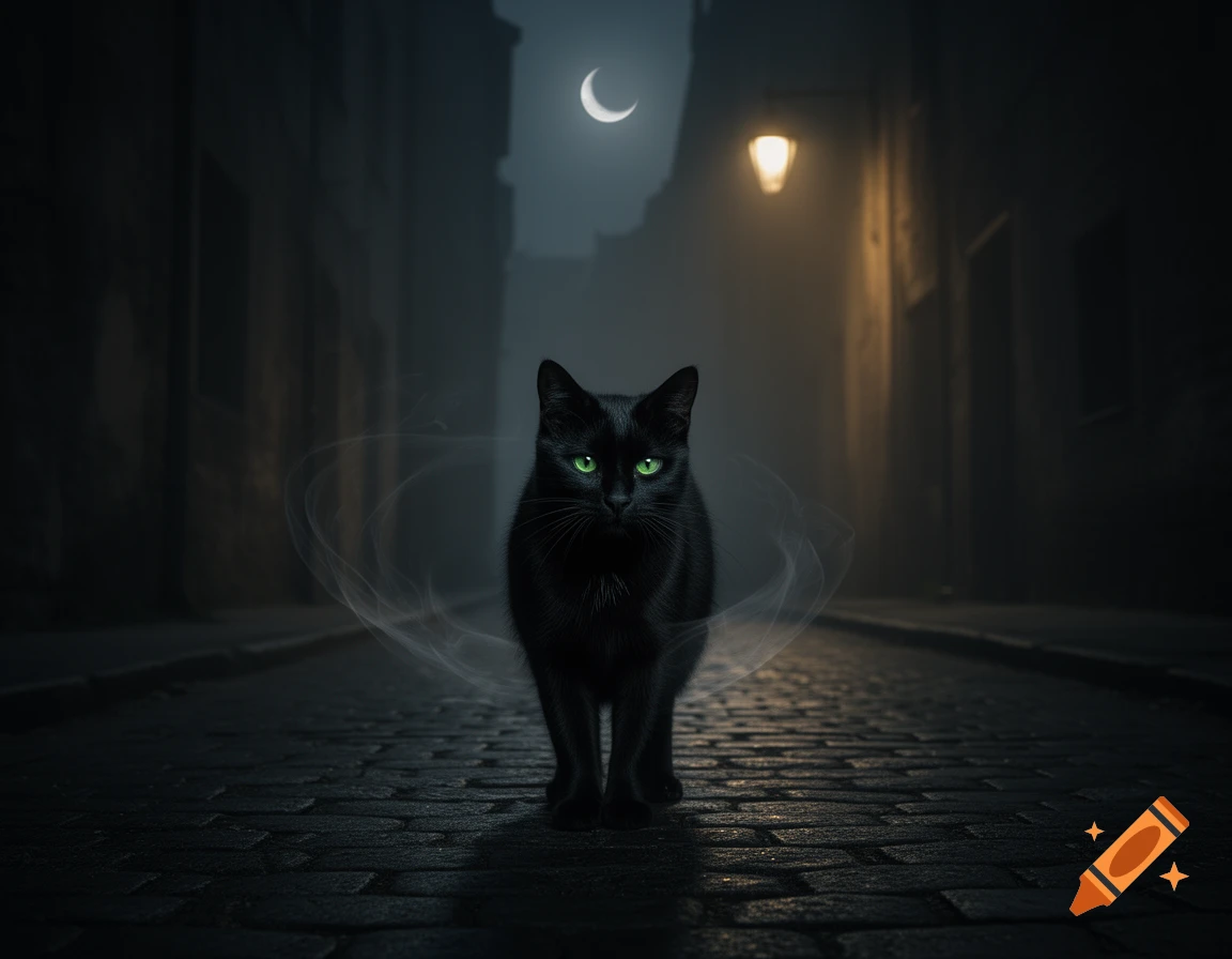 A photorealistic black cat with bright green eyes stands in a dark ...