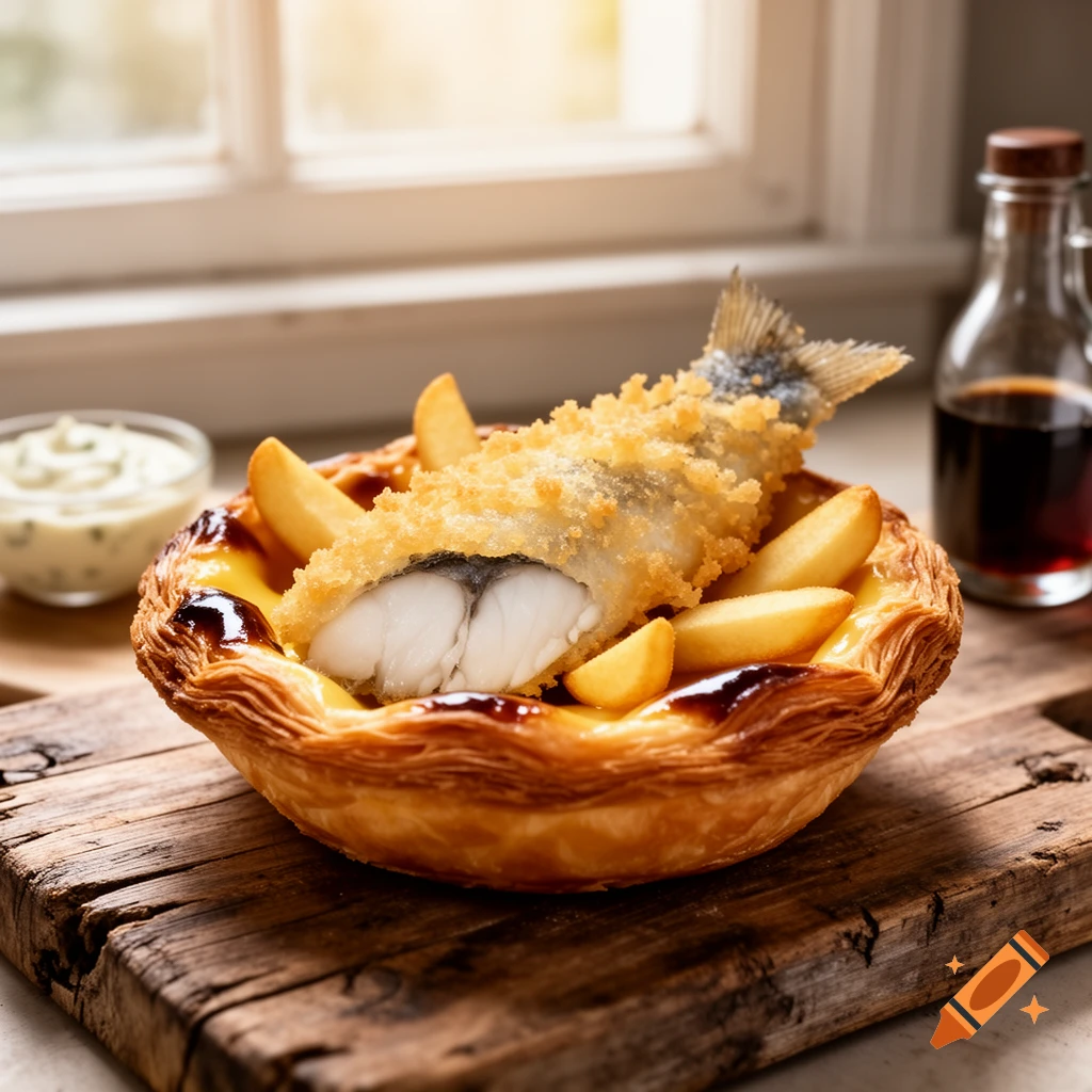A deep-fried fish and thick-cut chips are served inside a large, flaky pastry shell on a rustic wooden board, with a sauce bowl and bottle in the background.