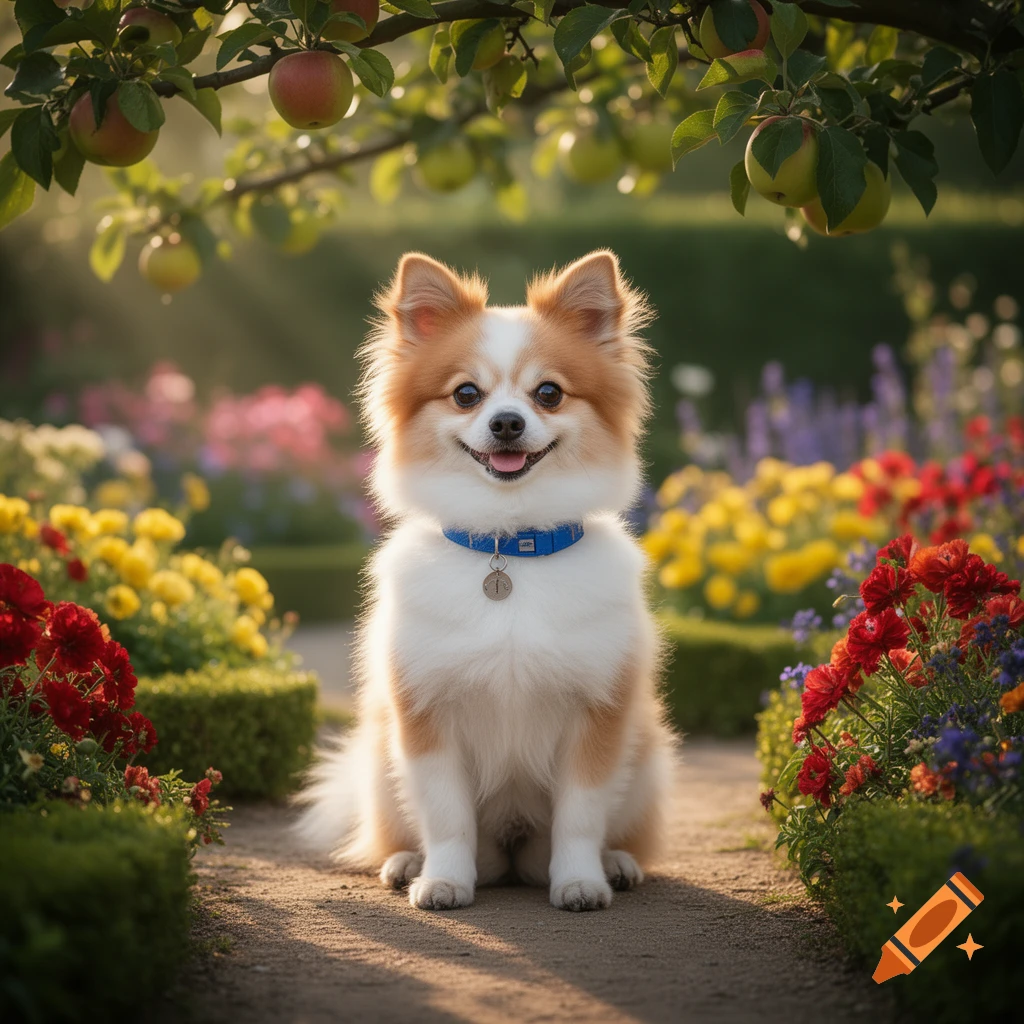 A small fluffy white and tan dog with a blue collar sits smiling on a garden path surrounded by colorful flowers and apple trees.