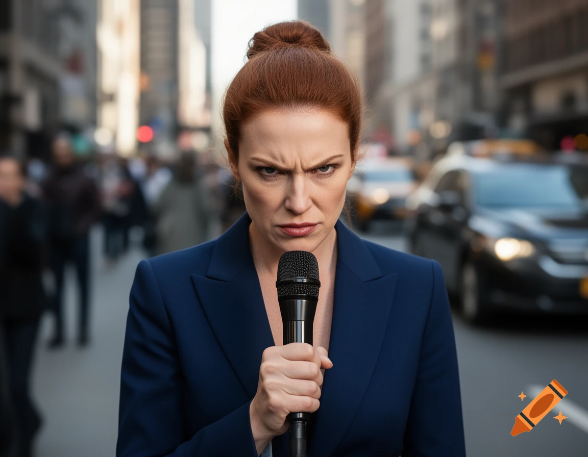 An angry red-haired woman, dressed in a navy suit, holds a microphone while standing on a bustling city street.
